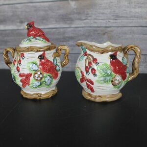 Red Cardinal Bird Old World Lidded Sugar Bowl And Creamer Set Christmas Ceramic